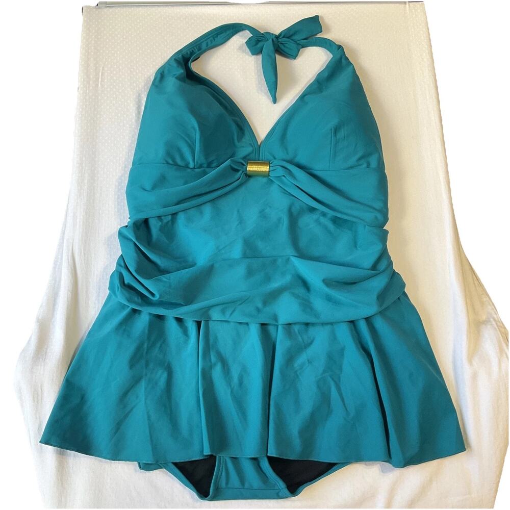 White Stag Women Swimdress 3X (22W/24W) Teal Nylon Spandex Swimdress Bow Ruched